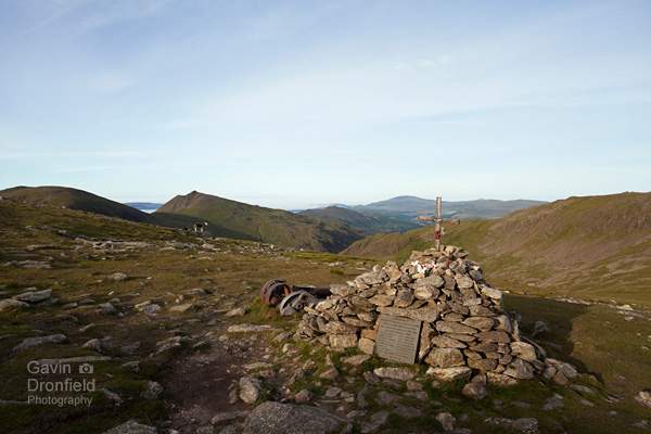 great carrs air crash memorial cairn with dow crag in background